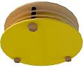 Technology Exhibition Hall Showcasing Yellow Circular Multi Layered Exhibit With Supportive Base