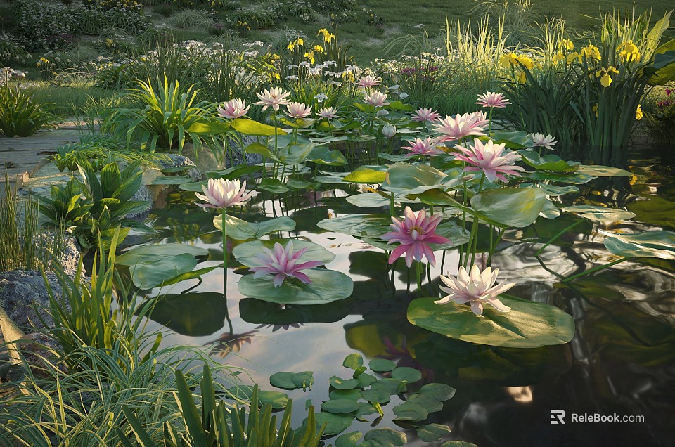 Beautiful Water Lilies And Lily Pads In Pond With Green Plants And Yellow Flowers 3d model 