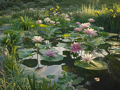 Beautiful Water Lilies And Lily Pads In Pond With Green Plants And Yellow Flowers 3d model