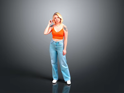 Blonde Woman In Orange Crop Top And Blue Wide Leg Jeans Standing Against Gray Background 3d model