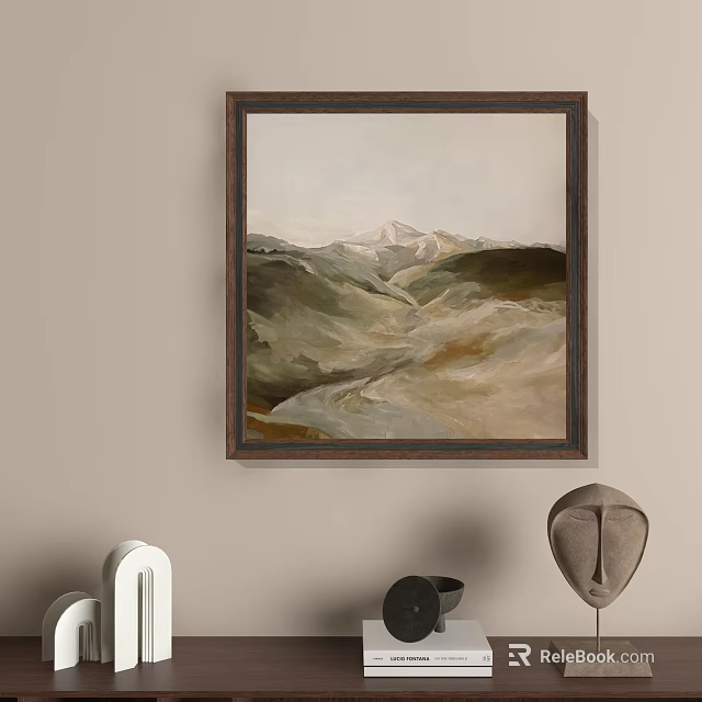 Abstract Painting With Mountain Landscape Earth Tones In Wooden Frame For Living Room Wall Decor 3d model 