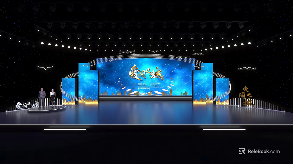 Grand Stage Design With Blue Screens And Lighting 3d model 