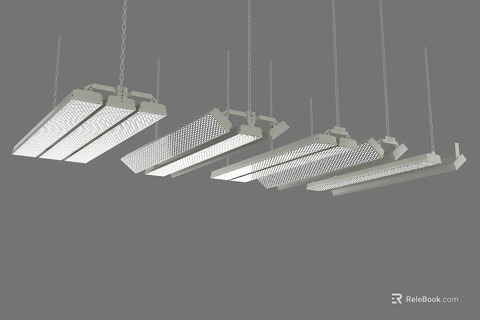 Multiple Modern Long Strip Pendant Lights With Perforated Grid Design For Contemporary Interior Spaces 3d model 