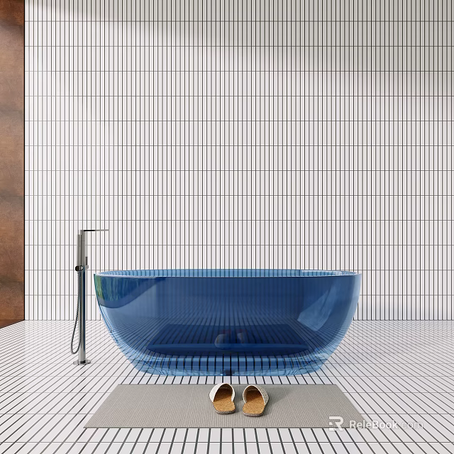 Transparent Blue Bathtub In Bathroom With White Striped Tiles And Silver Faucet 3d model 