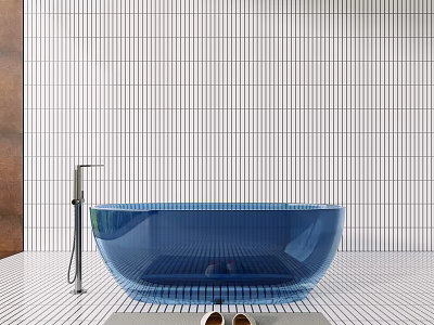 Transparent Blue Bathtub In Bathroom With White Striped Tiles And Silver Faucet 3d model
