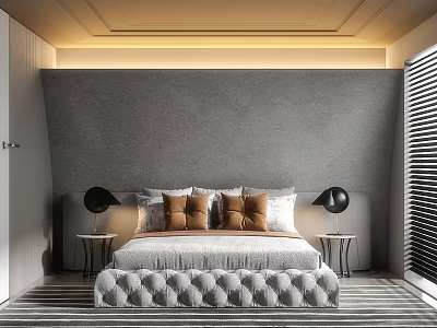 Stylish Tufted Double Bed With Decorative Pillows In Modern Minimalist Grey Bedroom Interior Design 3d model