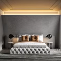 Stylish Tufted Double Bed With Decorative Pillows In Modern Minimalist Grey Bedroom Interior Design