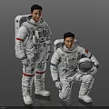 Two Astronauts In White Spacesuits With Red Stripes Standing And Kneeling