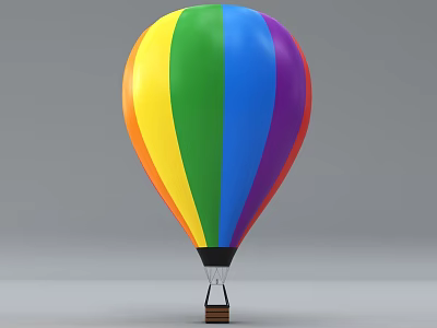 Vibrant Rainbow Colored Hot Air Balloon With Multiple Stripes And Basket 3d model