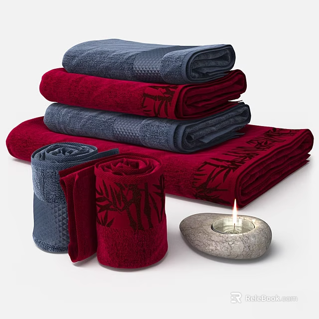 Soft Absorbent Bath Towels Blue Red Stacked With Bamboo Patterns and Stone Candle Holder 3d model 