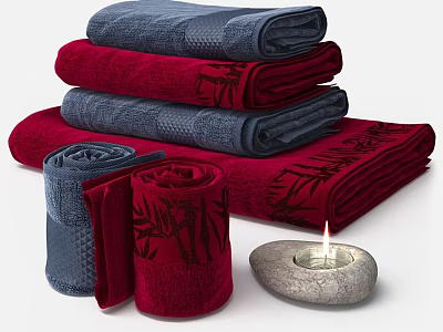 Soft Absorbent Bath Towels Blue Red Stacked With Bamboo Patterns and Stone Candle Holder 3d model