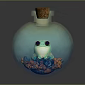 Glass Bottle With Cork Stopper Containing Green Frog And Colorful Stones