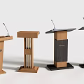 Various Modern Podiums with Microphones in Different Wooden and Black Designs