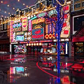 Vibrant Commercial Street Night Scene With Neon Signs Colorful Lights And Ground Reflections