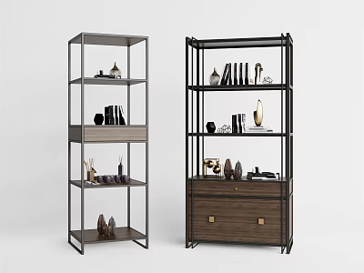 Modern Metal Frame Shelving Units With Glass Shelves Wooden Drawer And Decorative Items 3d model
