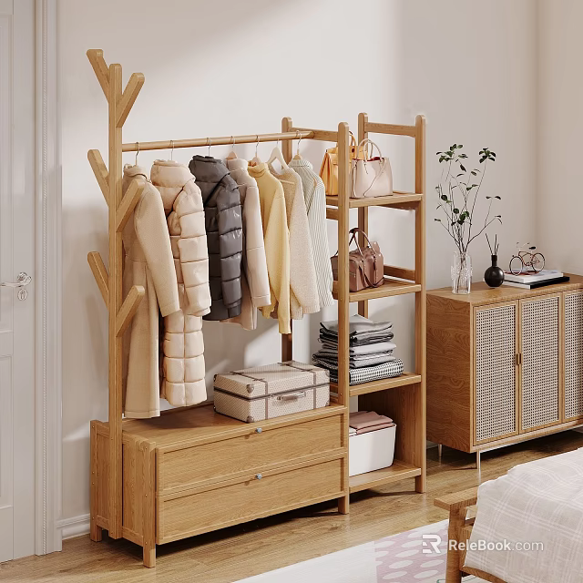 Wooden Tree Shaped Clothes Hanger With Hanging Coats Bags And Storage Drawers 3d model 