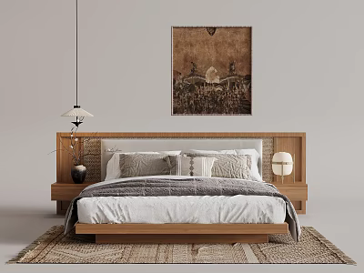 Modern Double Bed With Wooden Headboard Pillows Blanket Bedside Tables And Wall Art Rug 3d model