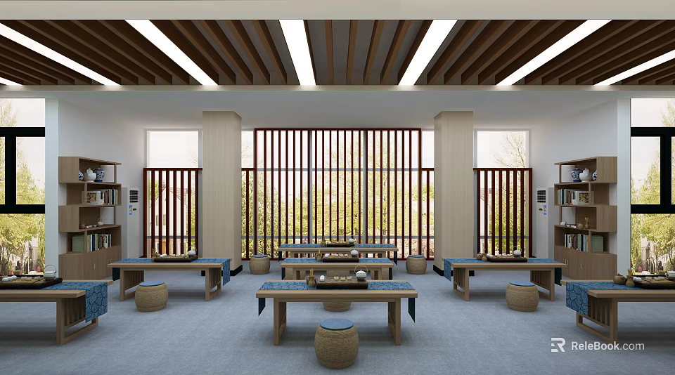 School Study Space With Wooden Ceiling Large Windows Bookshelves And Study Tables 3d model