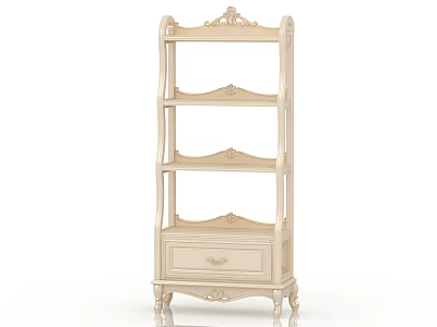 White Ornate Classical Design Shelf With Multiple Tiers And Drawer For Home Storage 3d model