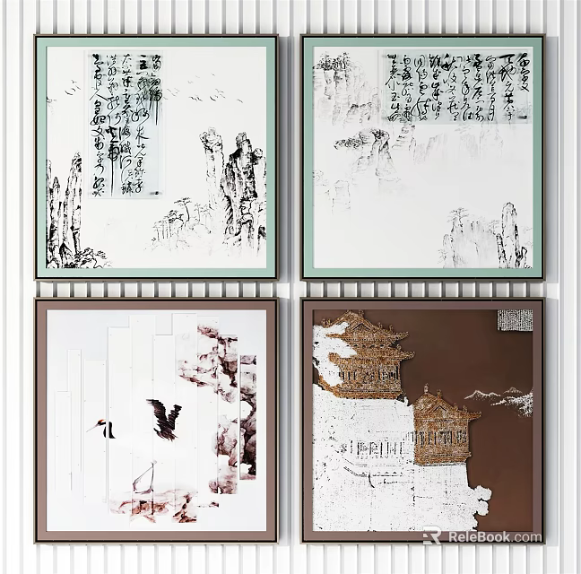 Chinese Traditional Decorative Paintings With Landscape Calligraphy And Ancient Architecture 3d model 