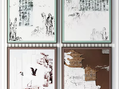 Chinese Traditional Decorative Paintings With Landscape Calligraphy And Ancient Architecture 3d model