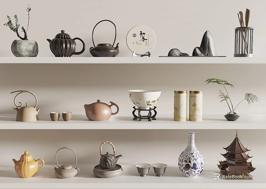 Various Tea Set Display with Teapots Teacups Plates Jars and Plants on Multi Tiered Shelves 3d model 