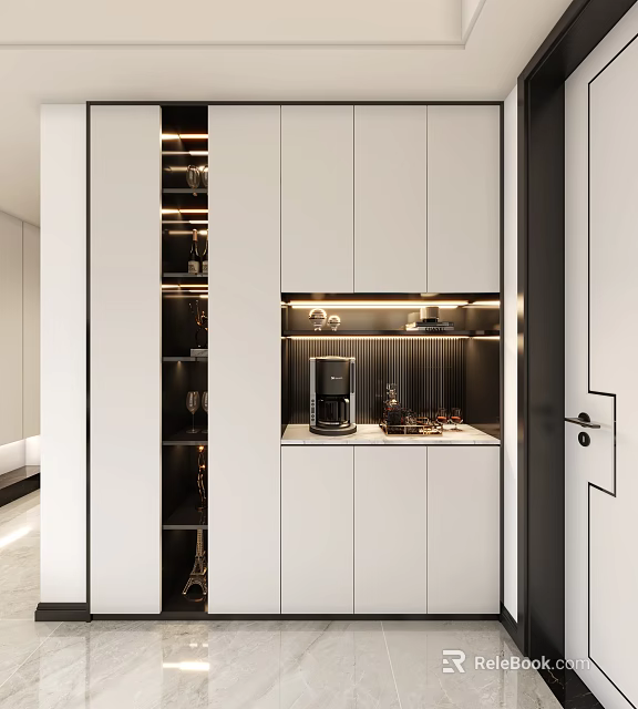 Modern White Sideboard Cabinet With LED Lighting Open Shelves Countertop And Coffee Machine Decor 3d model 