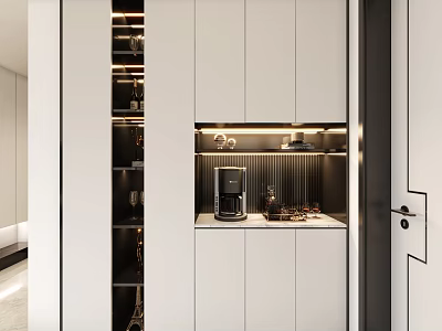 Modern White Sideboard Cabinet With LED Lighting Open Shelves Countertop And Coffee Machine Decor 3d model
