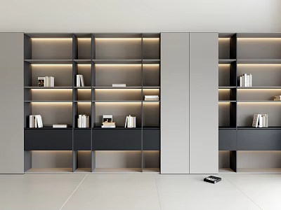 Modern Gray And White Bookcase With LED Lights And Layered Design For Books 3d model