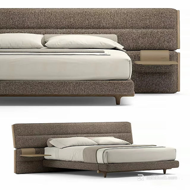 Modern Upholstered Double Bed With White Bedding And Wooden Bedside Table 3d model