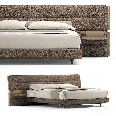 Modern Upholstered Double Bed With White Bedding And Wooden Bedside Table 3d model