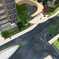 Landscaped Garden With Greenery Pathway And Water Feature By High Rise Building