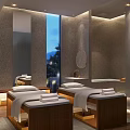Modern Elegant SPA Interior Design With Massage Beds Wooden Cabinets And Large Windows Night View