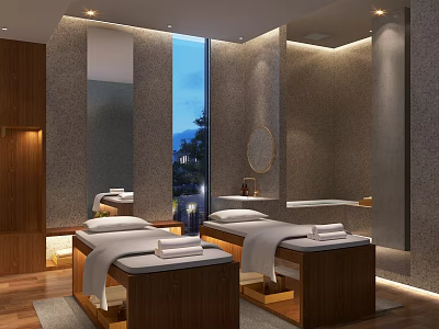 Modern Elegant SPA Interior Design With Massage Beds Wooden Cabinets And Large Windows Night View 3d model