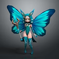 Magical Game and Movie Character with Blue Butterfly Wings Green Outfit and Staff