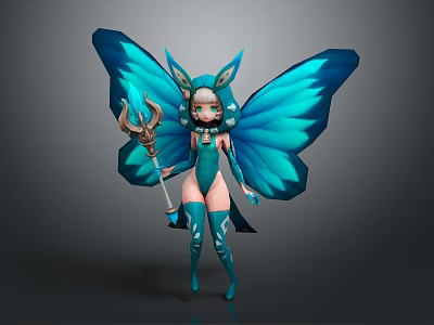 Magical Game and Movie Character with Blue Butterfly Wings Green Outfit and Staff 3d model