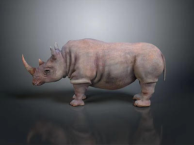Side View Standing Rhinoceros With Textured Skin On Gray Background And Reflective Floor 3d model