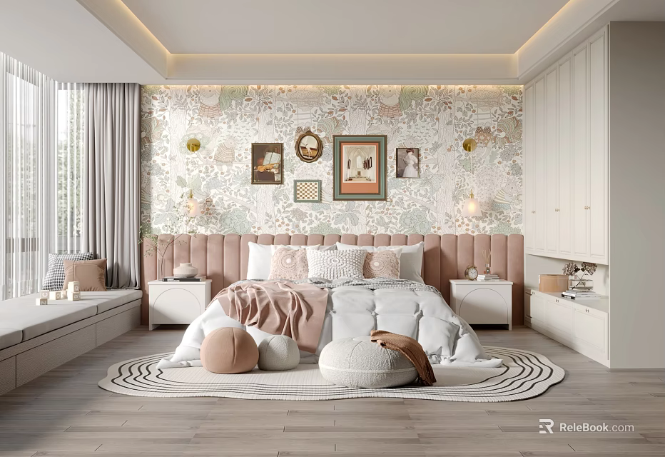 Bright Kids Room Interior With Floral Wallpaper And Upholstered Bed And Round Rug 3d model 