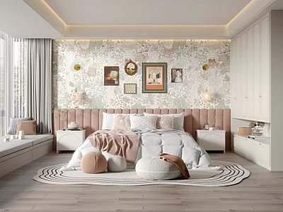 Bright Kids Room Interior With Floral Wallpaper And Upholstered Bed And Round Rug 3d model