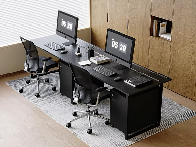 Modern Office Desk Double Workstation With Dual Monitors Black Office Chairs And Wooden Wall Background 3d model