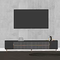 Modern Dark TV Stand with Golden Handles Against Gray Vertical Striped Wall and Mounted TV
