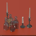 Household Items Collection With Transparent Glass Perfume Bottles Candles And Decorative Holders On Red Background