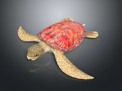 Realistic Sea Turtle With Red Textured Shell And Orange Brown Flippers 3d model