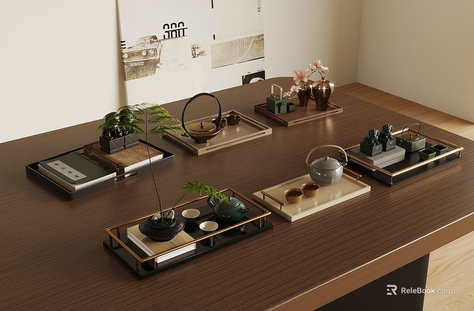 Stylish Tea Sets on Wooden Table with Trays Teapots Teacups Green Plants and Decorative Accents 3d model 