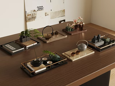 Stylish Tea Sets on Wooden Table with Trays Teapots Teacups Green Plants and Decorative Accents 3d model