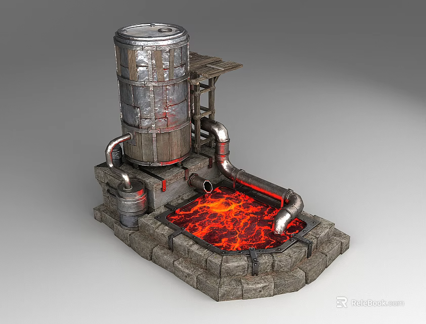 Traditional Iron Furnace With Stone Base Metal Structure Pipes And Red Glowing Flames 3d model 