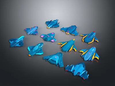 Blue Cosmic Spacecraft Models with Yellow Purple Details and Various Designs on Dark Background 3d model