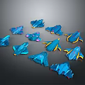 Blue Cosmic Spacecraft Models with Yellow Purple Details and Various Designs on Dark Background