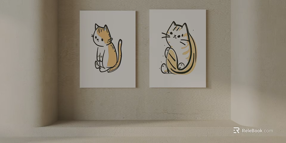 Cute Cat Illustrations With Sitting And Curled Poses For Wall Decor 3d model