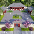 Ancient Traditional Architecture Courtyard With Red Pillars Stone Pavement And Green Plants